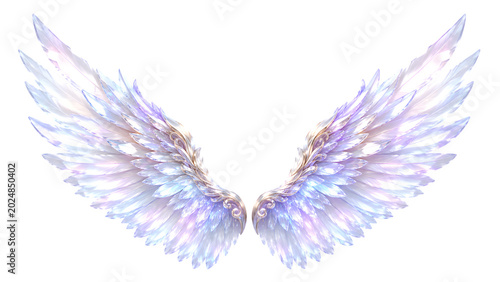 фотографія Iridescent crystal angel wings with glowing feathers, ethereal pearlescent bird