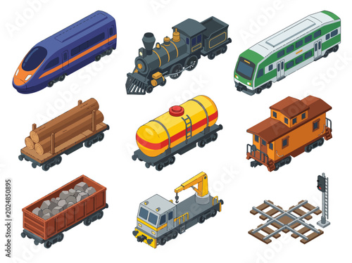 This image features various train models and cargo types, showcasing the diversity of railway systems and their role in transportation and logistics solutions.