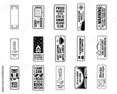 A curated selection of twenty black and white artistic bookmarks, each displaying humorous or insightful phrases about the joy and experience of reading.