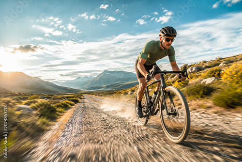 Cyclist riding a gravel bike fast on a dirt road in the mountains at sunset