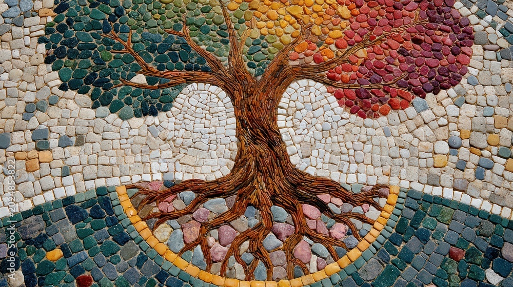 Fototapeta premium Colorful mosaic art of a vibrant tree of life with roots and rainbow leaves, symbolizing growth, diversity, and nature's beauty.