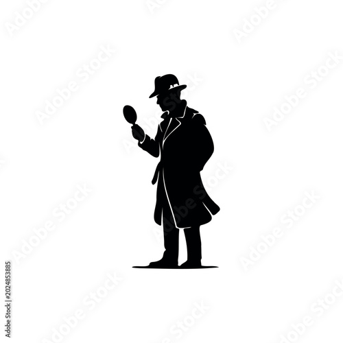 A stylish black silhouette illustration of a detective wearing a fedora hat and long trench coat while holding a magnifying glass. The figure stands in a classic investigative pose, giving a mysteriou