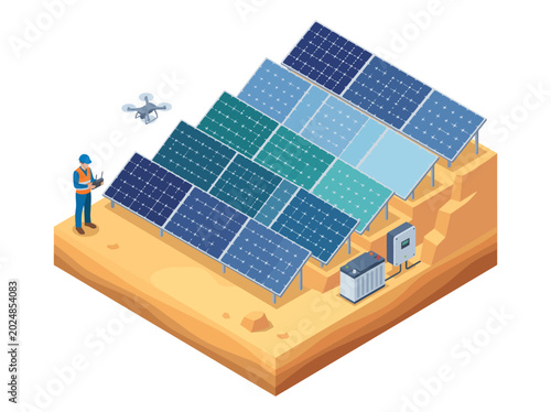 This image depicts a solar energy setup, including solar panels and a worker, highlighting advancements in renewable energy technologies and sustainable practices for the future.