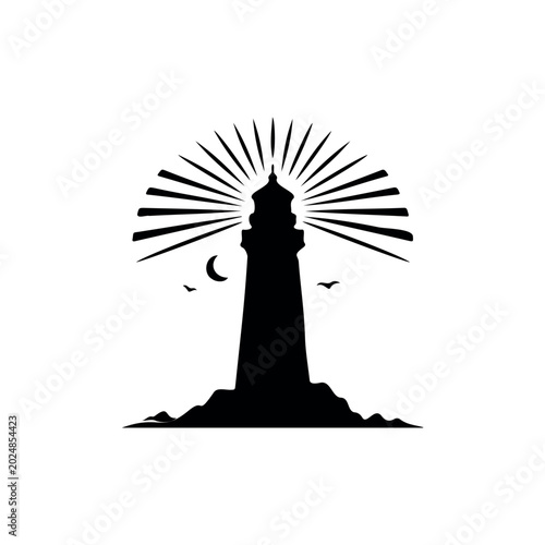 A clean black silhouette illustration of a lighthouse standing on rocky ground with radiant beacon rays spreading outward in the background. The design also features a crescent moon and flying birds, 