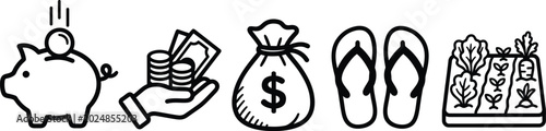 line drawing icons of piggy bank money bag of cash flip flops and carrots