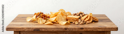 warm wooden tabletop rustic texture holding colorful arrangement various snacks chips crackers nuts soft