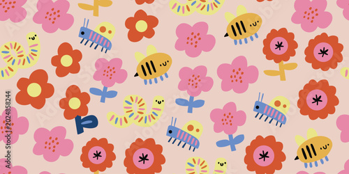 Seamless insect and floral pattern with bees, ladybugs, grasshoppers, and red Scandinavian cutout flowers on a soft beige pink background, cute girly spring and summer repeat design for kids fabric