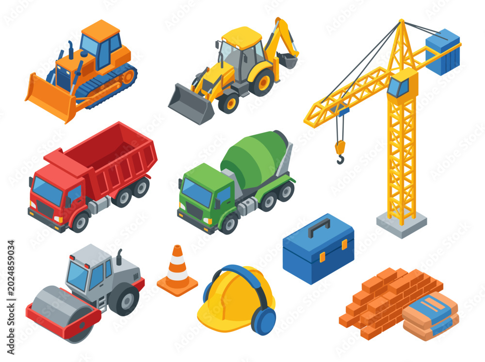Fototapeta premium An illustrative collection of construction vehicles and equipment, including a crane and bulldozer, highlighting the mechanics of building and industrial development.