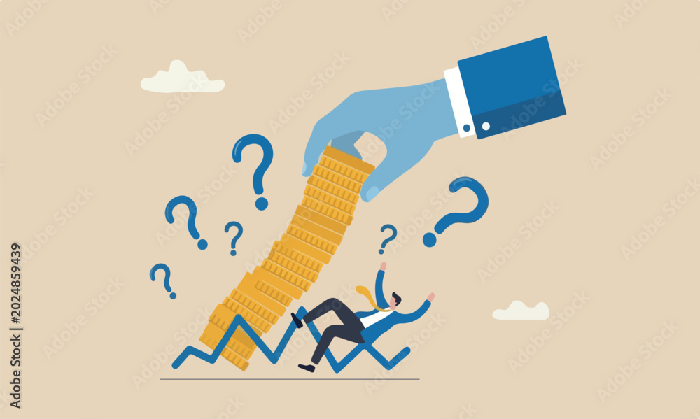 Fototapeta premium Investment risk, market volatility, unstable and uncertainty concept, giant hand pull back money from coin stack causing investor to fall down