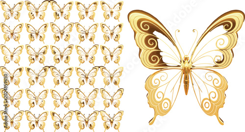 Set of golden butterflies isolated on white background