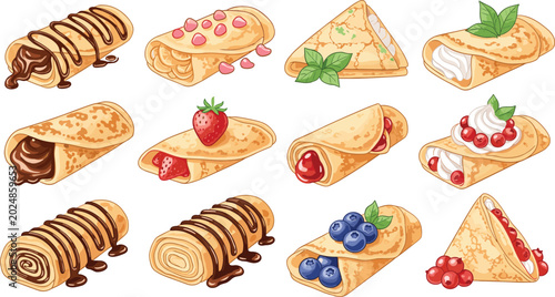 Fotografía Assorted sweet crepe dessert vector set with chocolate, berries, cream, and fold
