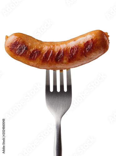 Canvastavla Isolated juicy grilled sausage on a metal fork, perfectly cooked and ready to se
