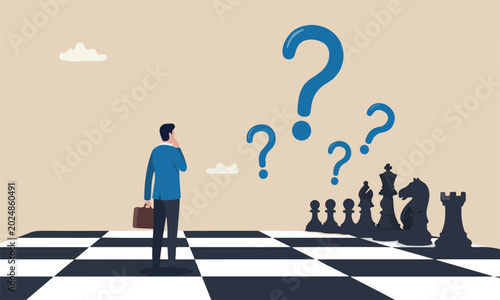 Decision making in business strategy concept, brave miniature figure businessman thinking and standing on chessboard looking at black chess enemy in far background