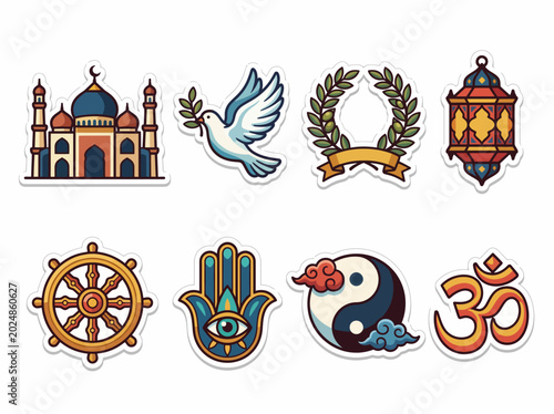 Fotografia A collection of cultural symbols representing peace, harmony, and spirituality, infused with artistic elements that capture the diversity and richness of human beliefs