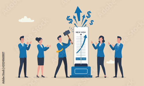Foto Investment meeting businessman investor with hammer hit hard on strength tester