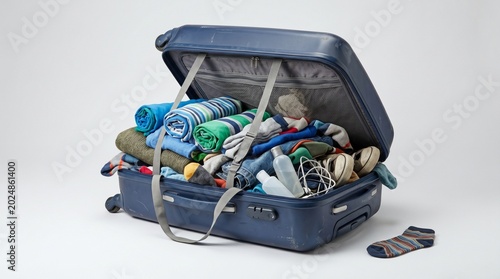Suitcase overflowing with clothing and belongings. Overpacked luggage representing excessive consumption and consumerism. Concept of travel preparation and disorganization of packed items.