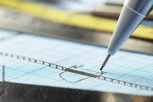 Fototapeta mechanical pencil makes a drawing on graph paper with ruler, dividers and tape measure. Construction and architectural industry.