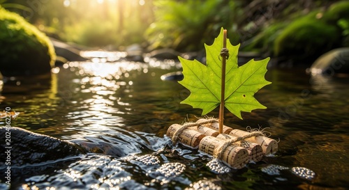 Handmade wooden cork raft with green maple leaf sail floating on sunny forest stream water