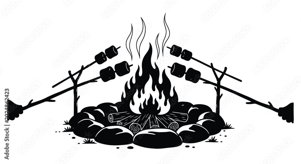 Εκτύπωση καμβά Campfire cooking illustration with skewered marshmallows and roasting sticks
