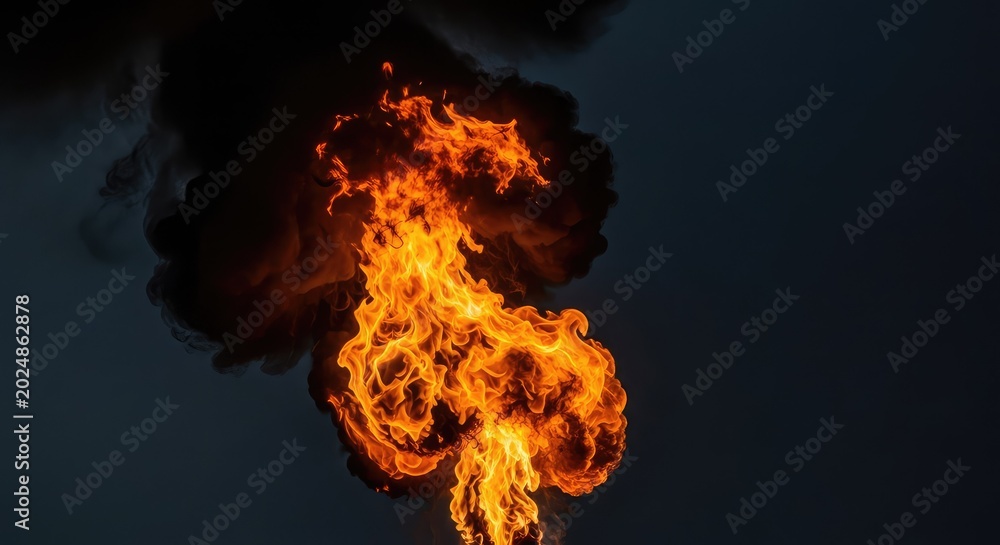 Fototapeta premium Close-up slow motion shot of a burning petroleum stream creates an inferno of abstract fire textures, orange flames, and thick black smoke, flame, discharge, vivid