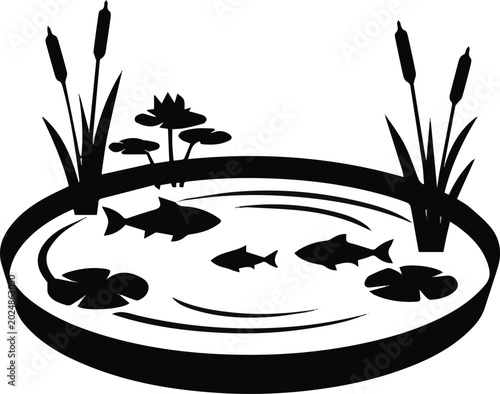 Φωτογραφία Isolated on black and white illustration of a pond with plants and fish in a sim