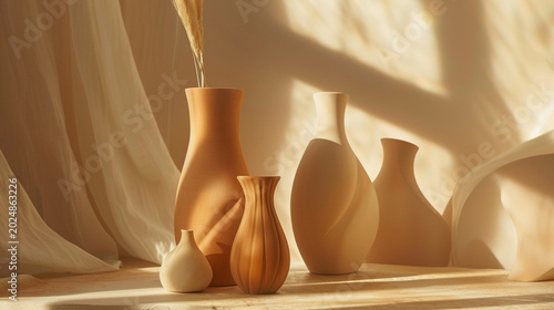 Minimalist ceramic vases with fluid curves in warm golden sunlight