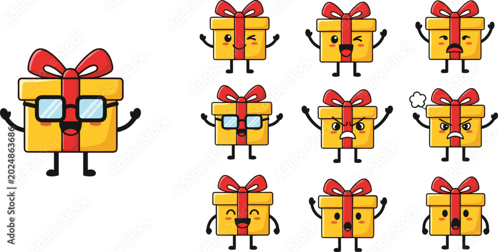 Fototapeta premium Cute gift box character vector set with funny facial expressions, red bows, and cartoon emotions