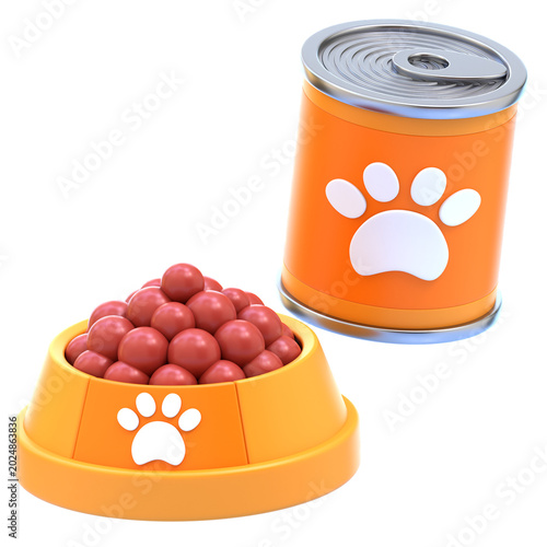 Fotografía A friendly cat food bowl and can 3D icon with a glossy rounded look for pet food, feeding, and cat nutrition themes