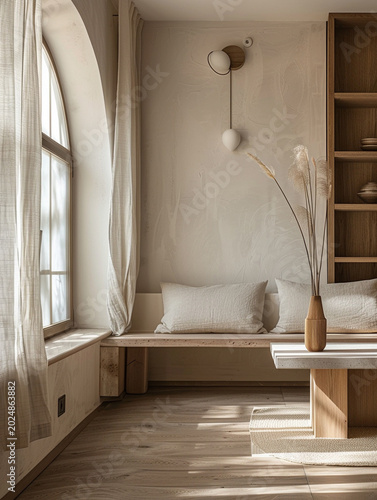 Minimalist japandi living room with wooden bench seating and arched window