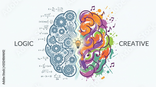 Bild auf Leinwand Brain divided into logical and creative hemispheres with symbols.