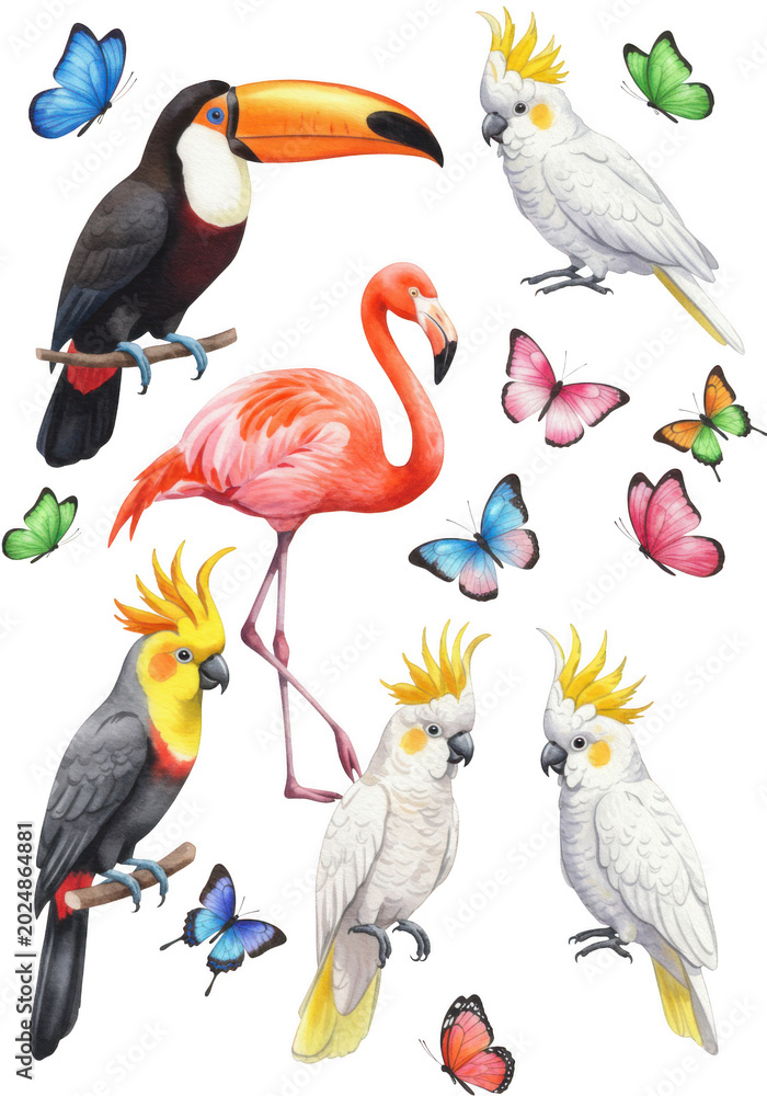 Fototapeta premium Vibrant tropical birds in colorful flight illustration isolated on transparent background