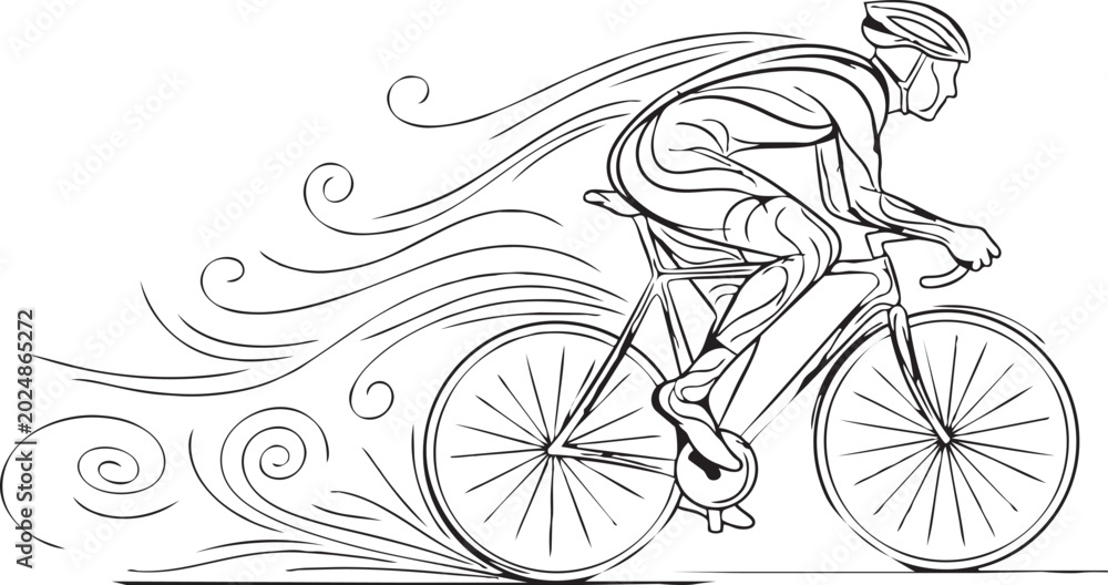 Fototapeta premium Stylized Continuous Line Art of a Fast Cyclist with Motion Wind Lines