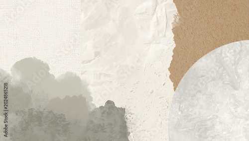 Abstract neutral boho collage background with torn paper elements and textured details earth tone brush stroke