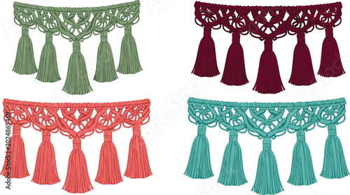 Fotografía Decorative macrame tassel fringe vector set with colorful woven trims for boho t