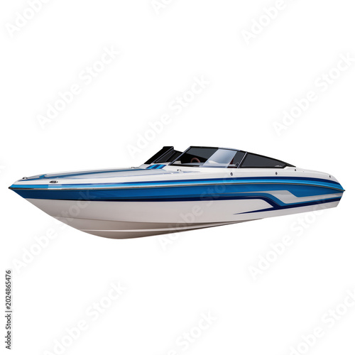 Foto Isolated fast performance boat with stylish blue accents, ready for exciting adventures on the water