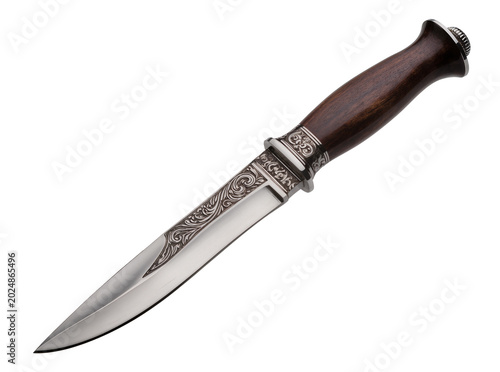Foto Isolated elegant dagger with decorative engraved metal blade and wooden handle f
