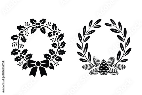 Christmas wreath designs: holly with bow and laurel with pinecone, christmas