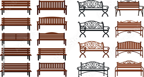 Obraz na płótnie Decorative Park Bench Collection Set with Wooden and Ornamental Metal Outdoor Se