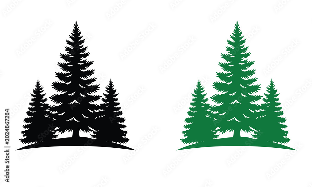 Obraz premium Evergreen tree silhouettes in black and green