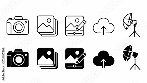 Camera and photography icon set including editing and cloud upload symbols