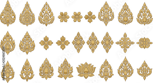 Foto Golden ornamental Thai pattern vector set with floral motifs, decorative borders