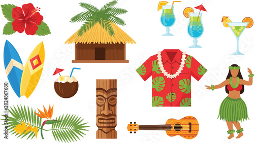 Obraz na plátně Hawaiian luau party vector set with tropical drinks, hula dancer, tiki mask, sur