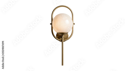 Foto Isolated modern elegant wall sconce with glowing spherical glass and golden brass frame