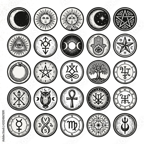 Tableau sur toile Collection of Esoteric Symbols and Celestial Bodies in Circular Emblems