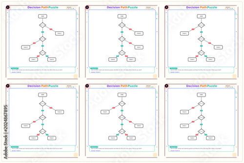 Decision tree diagrams with colored nodes and branches displayed in grid  