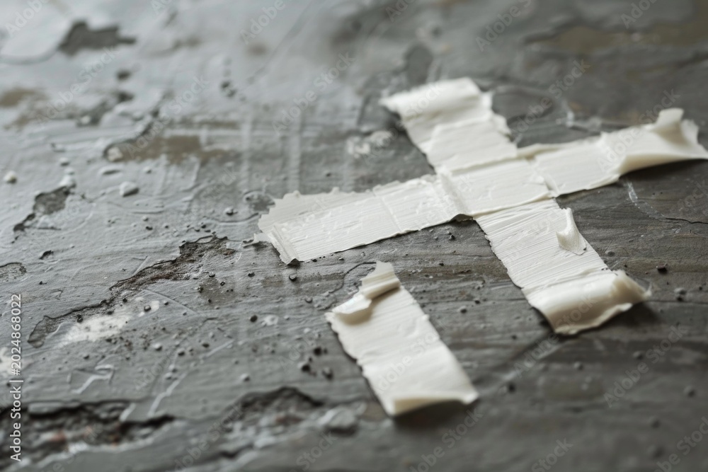 Fototapeta premium White masking tape is forming a cross shape on a gray concrete wall with cracked paint