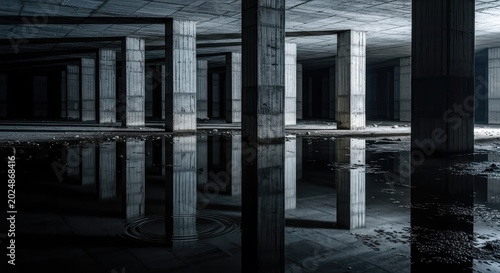 A dark and abandoned underground chamber filled with stagnant water reflecting concrete pillars in a cold, damp, and derelict atmosphere, underground, dark, cavern