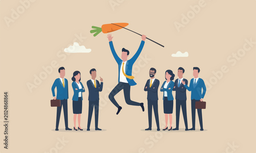 Obraz na płótnie Motivation employe manipulation concept, seduced businessman jump in the air to