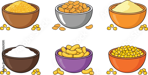 Photos Corn Products Icon Set with Bowls of Cornmeal Flakes Flour Grits Puffs and Sweet