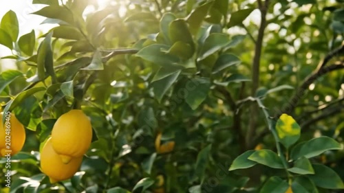 Sun-drenched lemons ripen on branches amidst lush green foliage